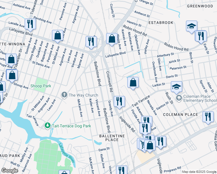 map of restaurants, bars, coffee shops, grocery stores, and more near 2742 Grandy Avenue in Norfolk