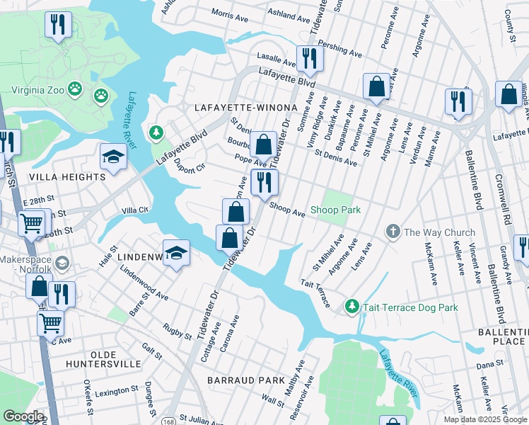 map of restaurants, bars, coffee shops, grocery stores, and more near 2728 Tidewater Drive in Norfolk