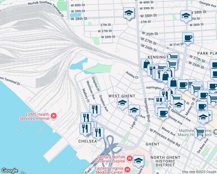 map of restaurants, bars, coffee shops, grocery stores, and more near 1400 West Princess Anne Road in Norfolk