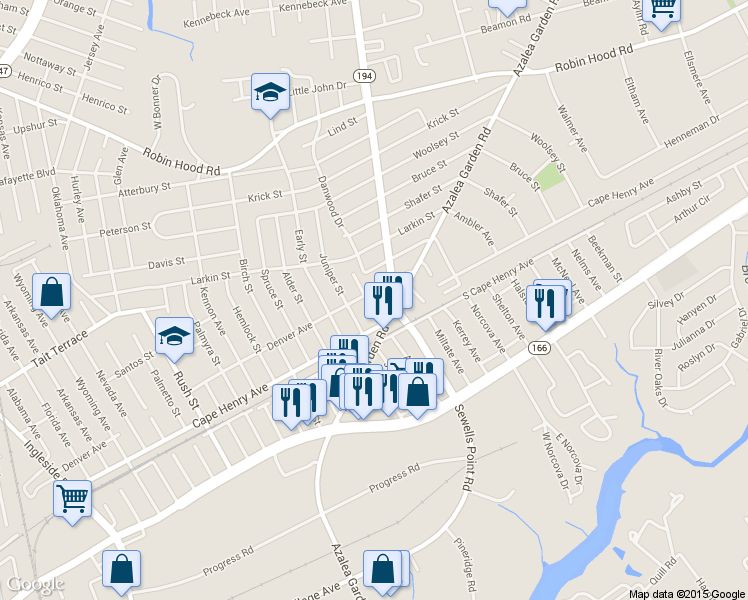 map of restaurants, bars, coffee shops, grocery stores, and more near 2324 Aspin Street in Norfolk