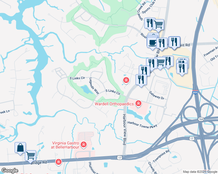 map of restaurants, bars, coffee shops, grocery stores, and more near 5006 South Links Circle in Suffolk