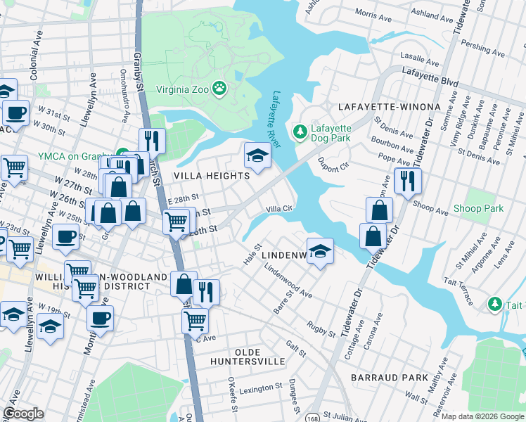 map of restaurants, bars, coffee shops, grocery stores, and more near 2085 Waverly Way in Norfolk