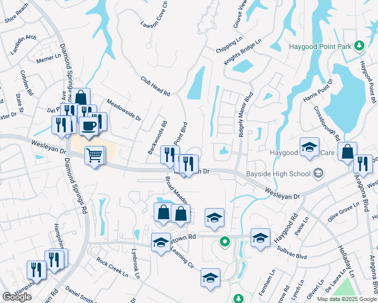 map of restaurants, bars, coffee shops, grocery stores, and more near 5347 Deford Road in Virginia Beach