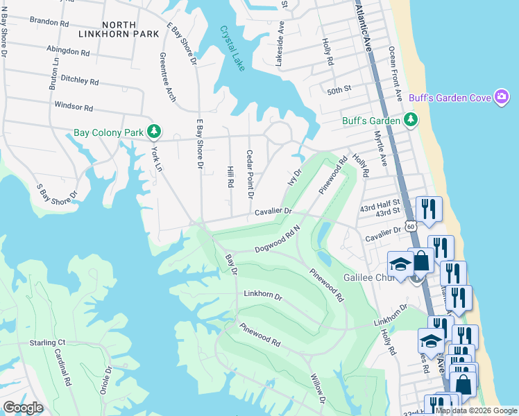 map of restaurants, bars, coffee shops, grocery stores, and more near 536 Cavalier Drive in Virginia Beach