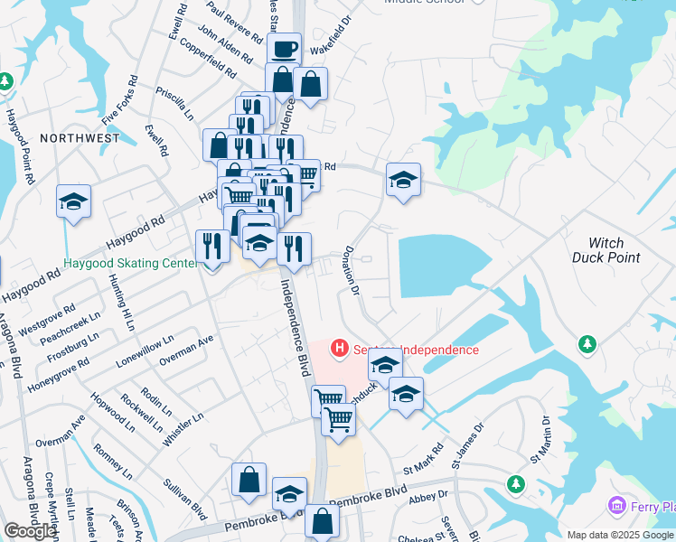 map of restaurants, bars, coffee shops, grocery stores, and more near 969 Donation Drive in Virginia Beach
