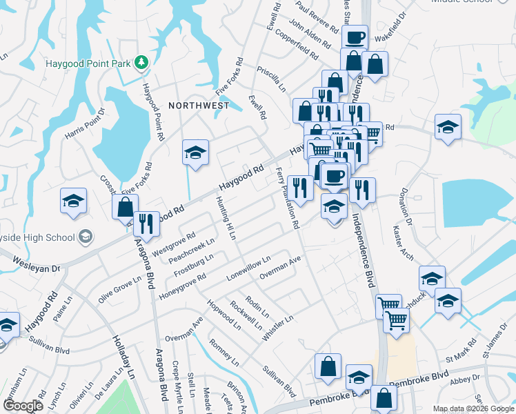 map of restaurants, bars, coffee shops, grocery stores, and more near 4721 Westgrove Road in Virginia Beach