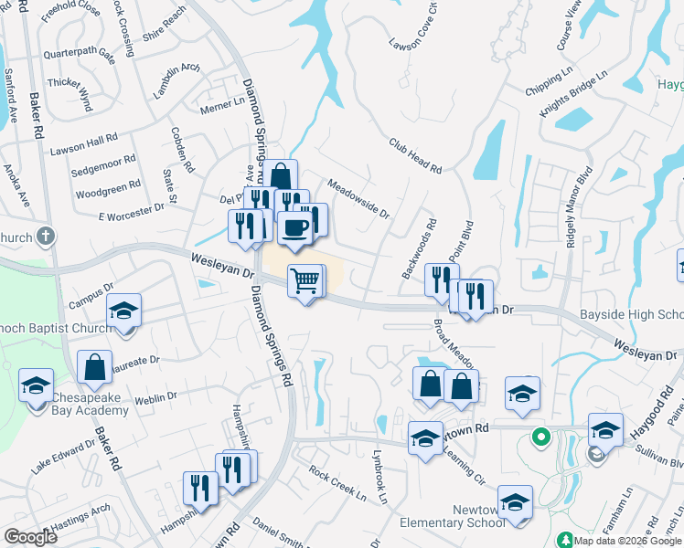 map of restaurants, bars, coffee shops, grocery stores, and more near 5320 Parsonage Court in Virginia Beach