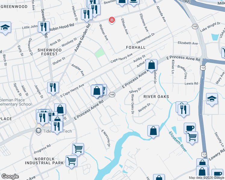 map of restaurants, bars, coffee shops, grocery stores, and more near 1512 McNeal Avenue in Norfolk