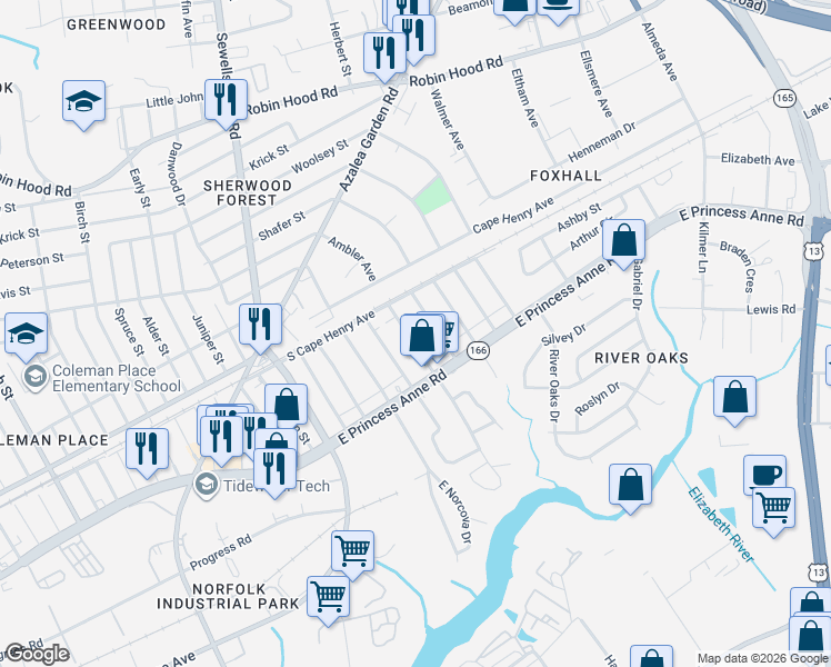 map of restaurants, bars, coffee shops, grocery stores, and more near 1531 Fleetwood Avenue in Norfolk