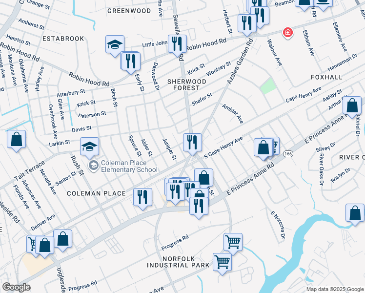 map of restaurants, bars, coffee shops, grocery stores, and more near 2324 Aspin Street in Norfolk