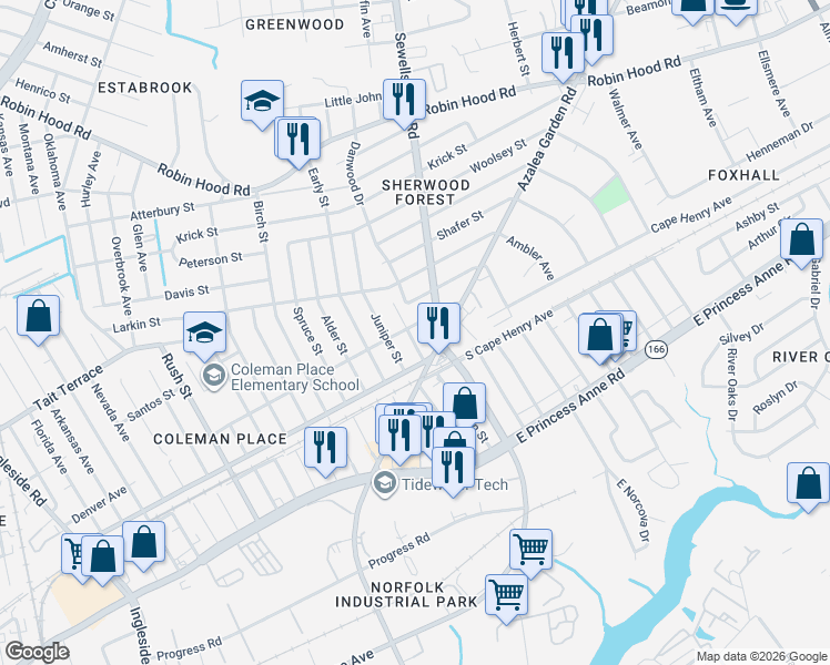 map of restaurants, bars, coffee shops, grocery stores, and more near 2330 Aspin Street in Norfolk