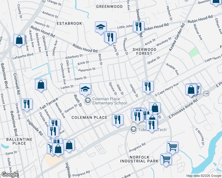 map of restaurants, bars, coffee shops, grocery stores, and more near 2445 Spruce Street in Norfolk