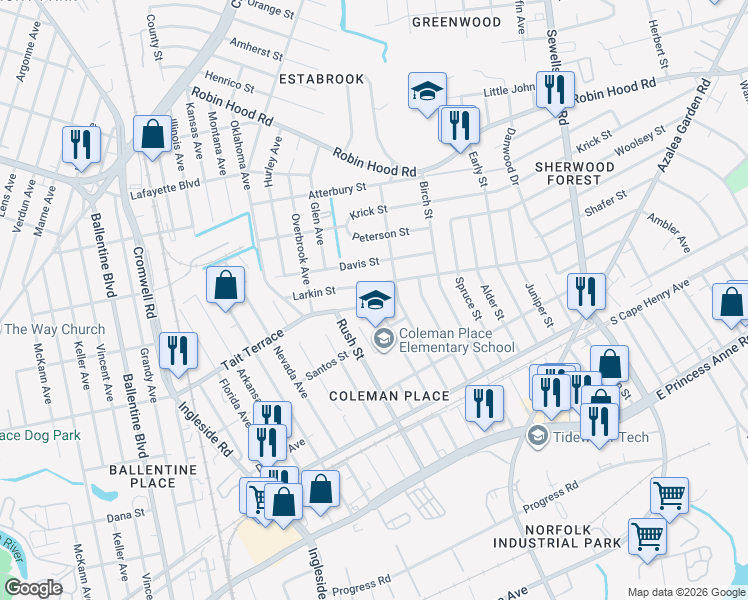 map of restaurants, bars, coffee shops, grocery stores, and more near 2545 Olean Street in Norfolk