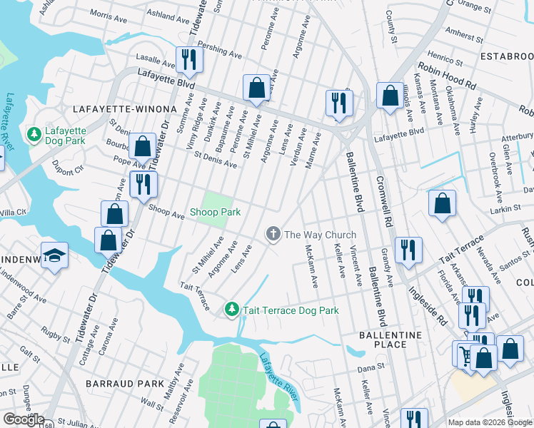 map of restaurants, bars, coffee shops, grocery stores, and more near 2841 Lens Avenue in Norfolk