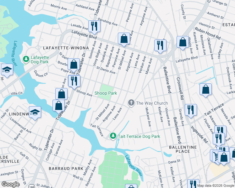 map of restaurants, bars, coffee shops, grocery stores, and more near 2830 Saint Mihiel Avenue in Norfolk