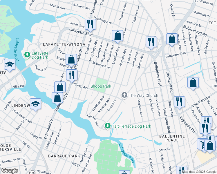 map of restaurants, bars, coffee shops, grocery stores, and more near 2830 Saint Mihiel Avenue in Norfolk