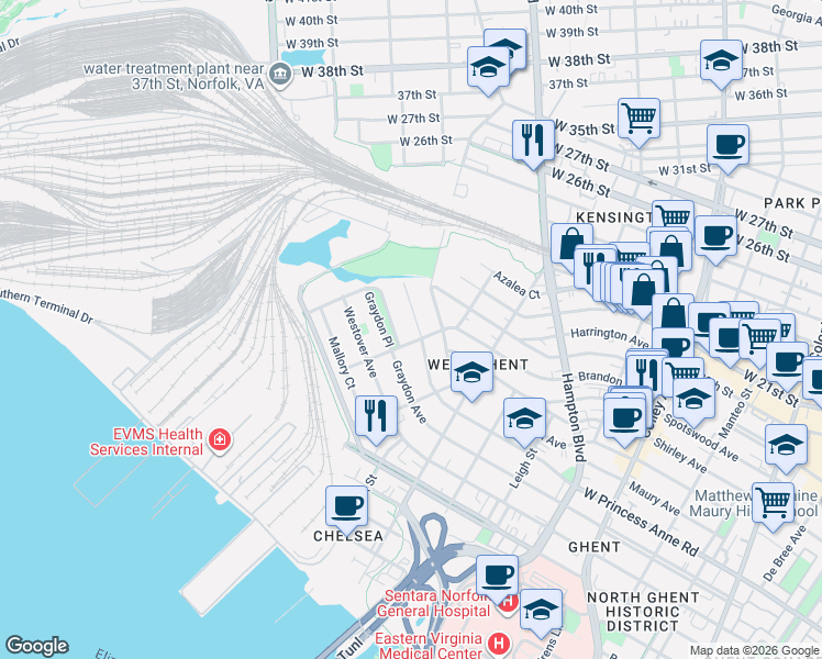 map of restaurants, bars, coffee shops, grocery stores, and more near 1406 West Princess Anne Road in Norfolk