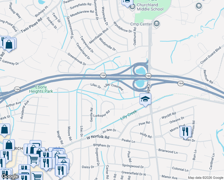 map of restaurants, bars, coffee shops, grocery stores, and more near 5429 Lilac Crescent in Portsmouth