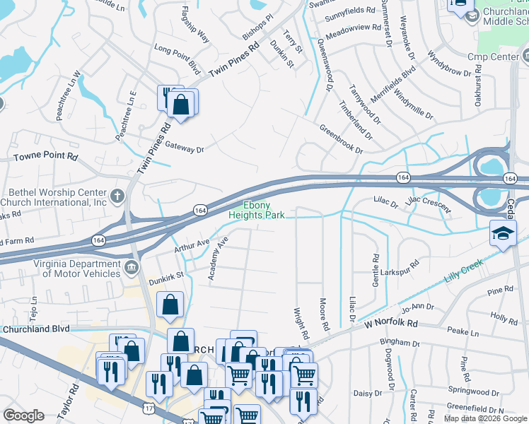 map of restaurants, bars, coffee shops, grocery stores, and more near 3501 Academy Avenue in Portsmouth