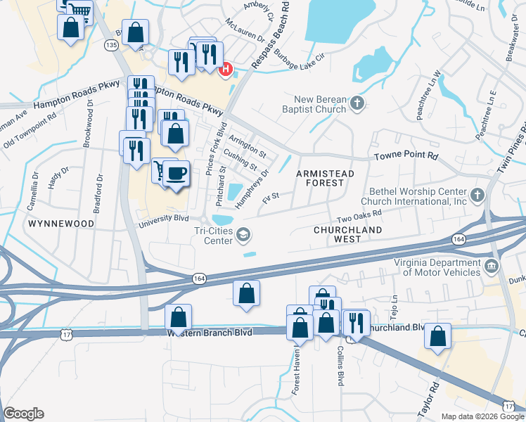 map of restaurants, bars, coffee shops, grocery stores, and more near 4004 Magnolia Drive in Portsmouth