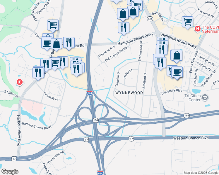 map of restaurants, bars, coffee shops, grocery stores, and more near 6000 Green Ash Court in Suffolk