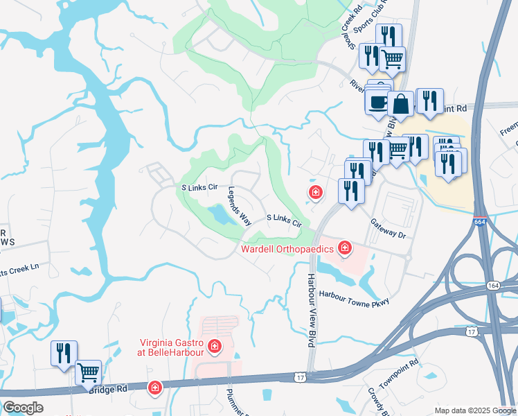 map of restaurants, bars, coffee shops, grocery stores, and more near 2029 Augusta Court in Suffolk