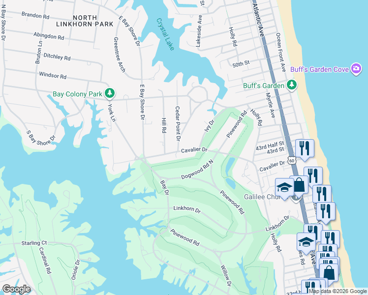 map of restaurants, bars, coffee shops, grocery stores, and more near 536 Cavalier Drive in Virginia Beach