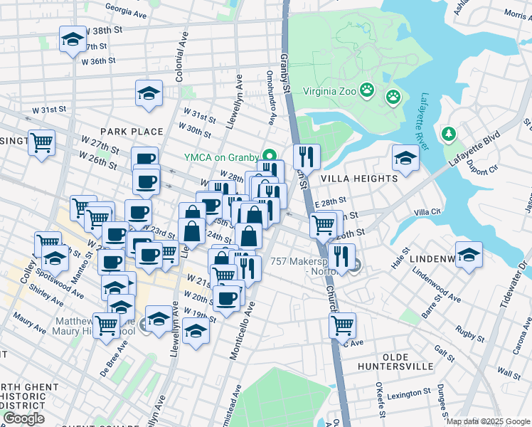 map of restaurants, bars, coffee shops, grocery stores, and more near 112 East 27th Street in Norfolk