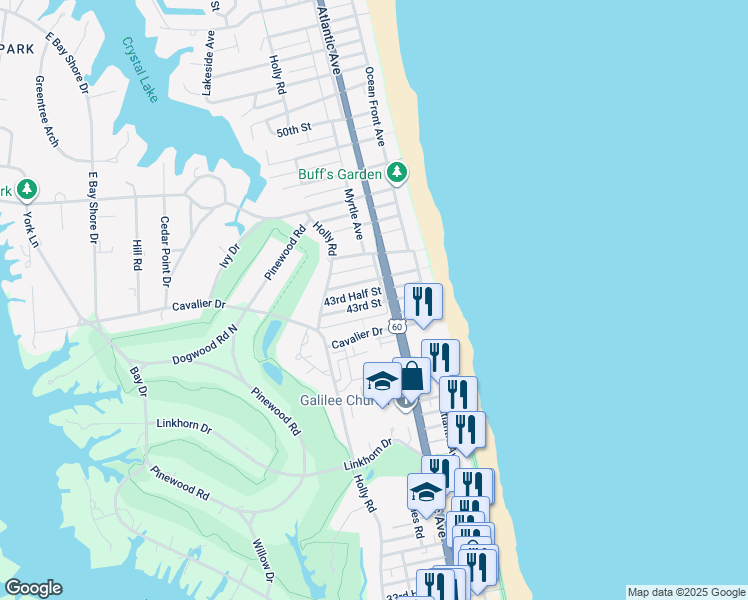 map of restaurants, bars, coffee shops, grocery stores, and more near 205 43rd Street in Virginia Beach