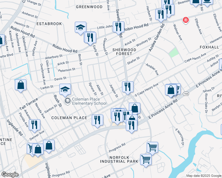map of restaurants, bars, coffee shops, grocery stores, and more near 2409 Juniper Street in Norfolk