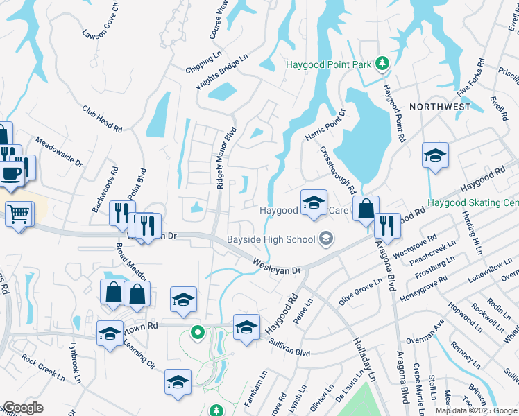 map of restaurants, bars, coffee shops, grocery stores, and more near 5205 Ordsall Place in Virginia Beach