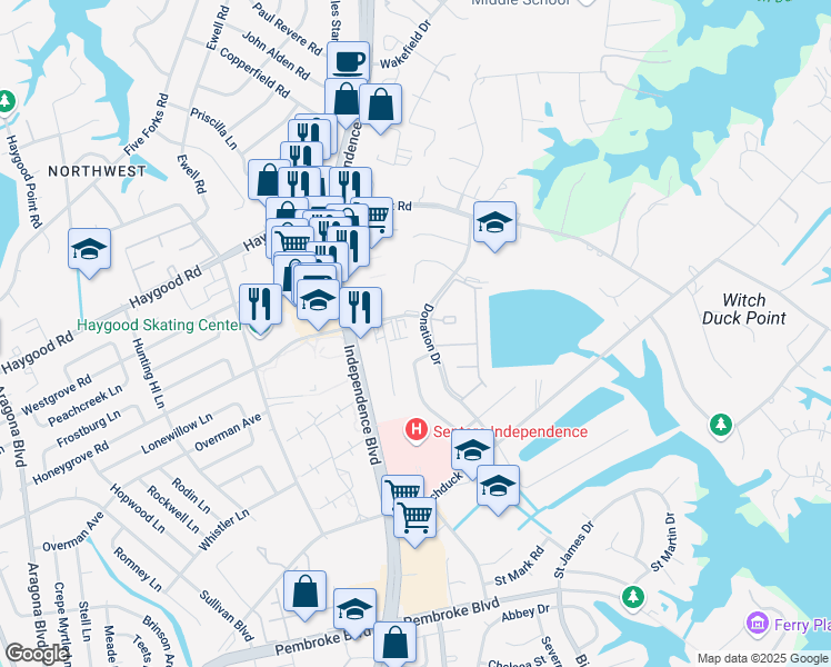 map of restaurants, bars, coffee shops, grocery stores, and more near 969 Donation Drive in Virginia Beach