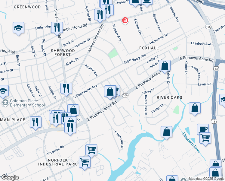 map of restaurants, bars, coffee shops, grocery stores, and more near 1531 Fleetwood Avenue in Norfolk