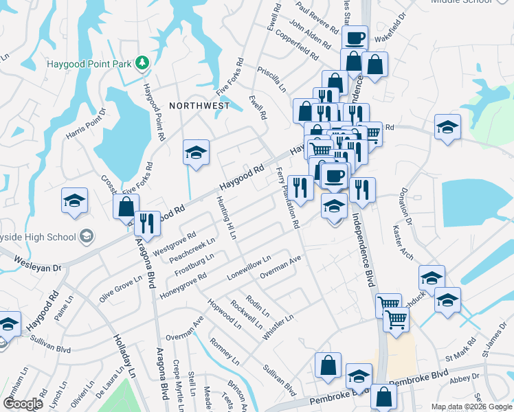 map of restaurants, bars, coffee shops, grocery stores, and more near 4721 Westgrove Road in Virginia Beach