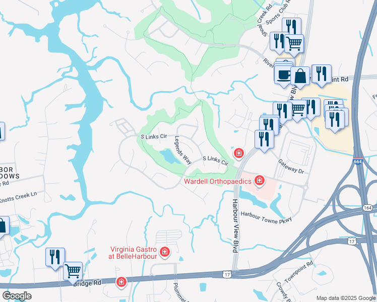 map of restaurants, bars, coffee shops, grocery stores, and more near 2012 Augusta Court in Suffolk