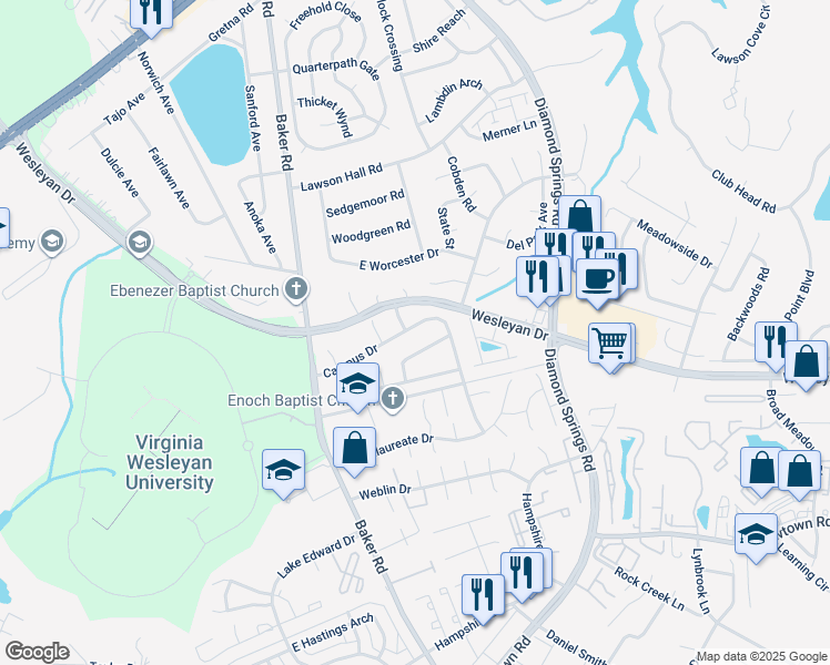 map of restaurants, bars, coffee shops, grocery stores, and more near 5585 Campus Drive in Virginia Beach