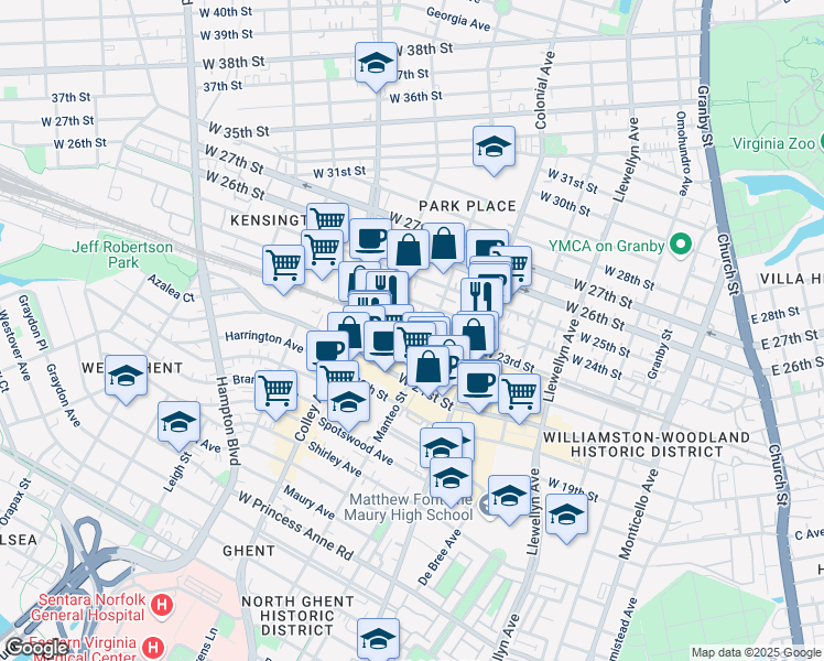 map of restaurants, bars, coffee shops, grocery stores, and more near 2 West 23rd Street in Norfolk