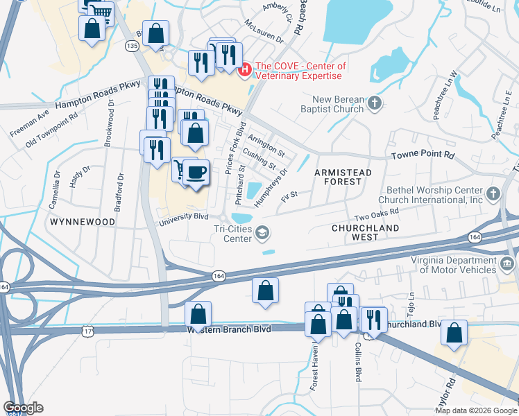 map of restaurants, bars, coffee shops, grocery stores, and more near 2230 Humphreys Drive in Suffolk