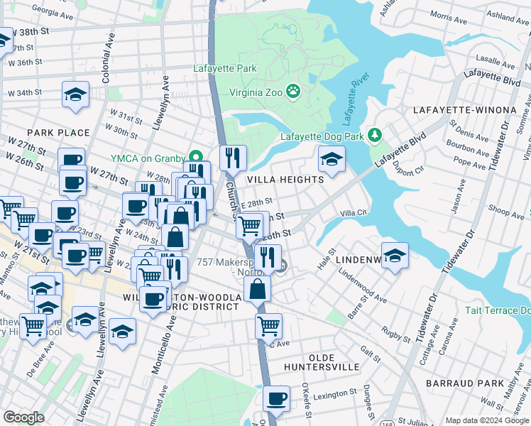 map of restaurants, bars, coffee shops, grocery stores, and more near 732 East 27th Street in Norfolk
