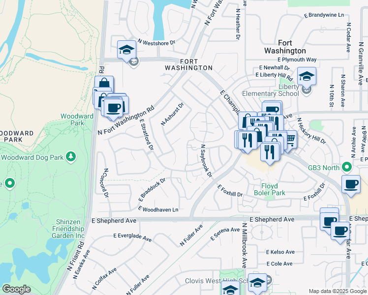 map of restaurants, bars, coffee shops, grocery stores, and more near 9323 North Saybrook Drive in Fresno