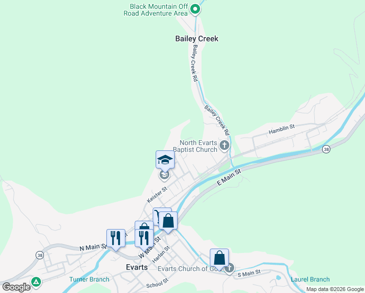 map of restaurants, bars, coffee shops, grocery stores, and more near 102 Walnut Street in Evarts