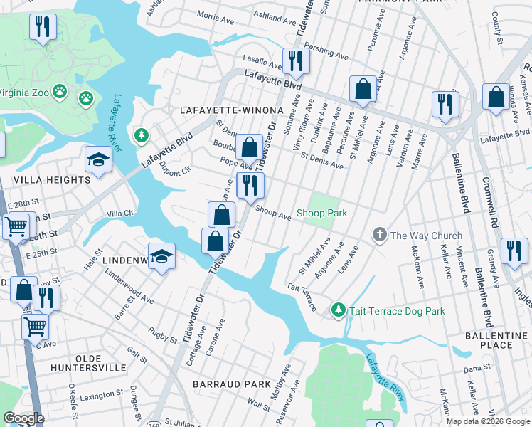map of restaurants, bars, coffee shops, grocery stores, and more near 2740 Somme Avenue in Norfolk