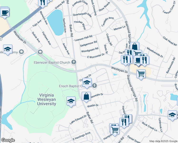 map of restaurants, bars, coffee shops, grocery stores, and more near 909 Jay Are Court in Virginia Beach