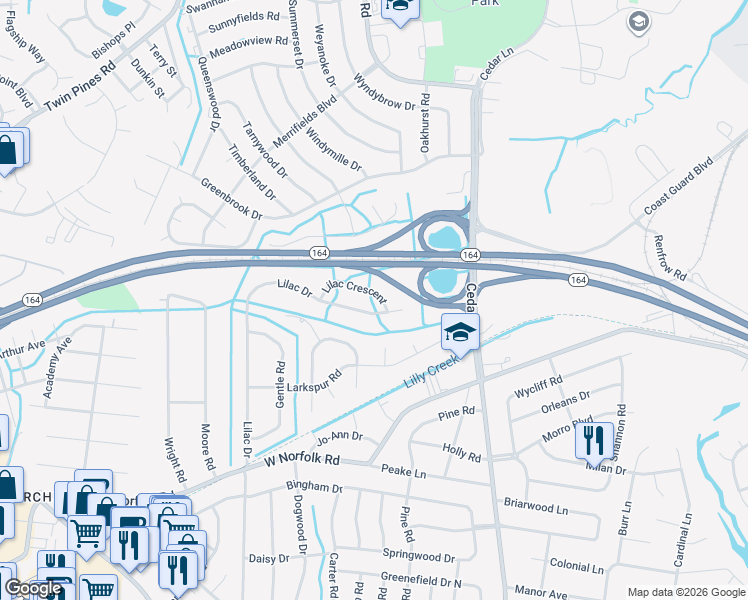 map of restaurants, bars, coffee shops, grocery stores, and more near 5437 Lilac Crescent in Portsmouth