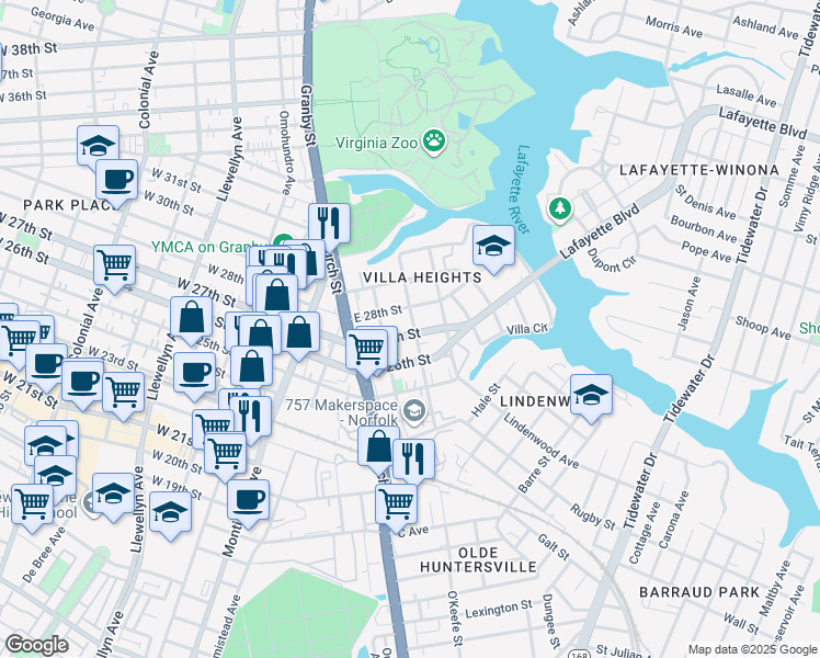map of restaurants, bars, coffee shops, grocery stores, and more near 750 East 27th Street in Norfolk