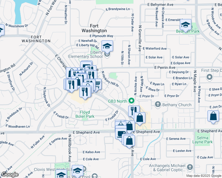 map of restaurants, bars, coffee shops, grocery stores, and more near 1327 East Saint James Circle in Fresno