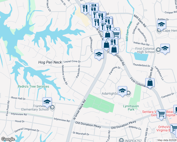 map of restaurants, bars, coffee shops, grocery stores, and more near 2220 Tanglewood Trail in Virginia Beach