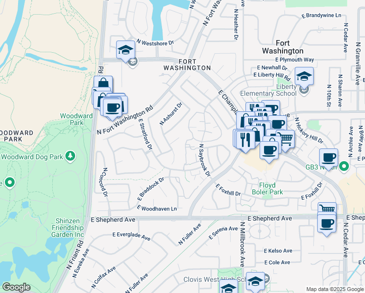map of restaurants, bars, coffee shops, grocery stores, and more near 9323 North Saybrook Drive in Fresno