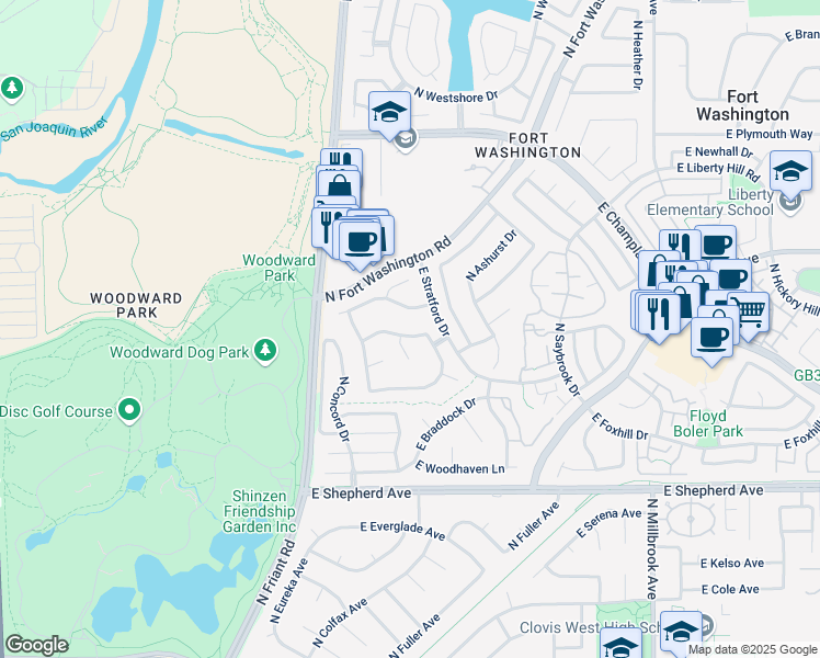 map of restaurants, bars, coffee shops, grocery stores, and more near 468 East Walnut Hill Avenue in Fresno