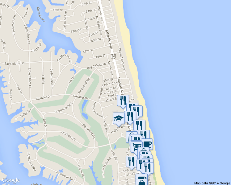 map of restaurants, bars, coffee shops, grocery stores, and more near 205 43rd Street in Virginia Beach